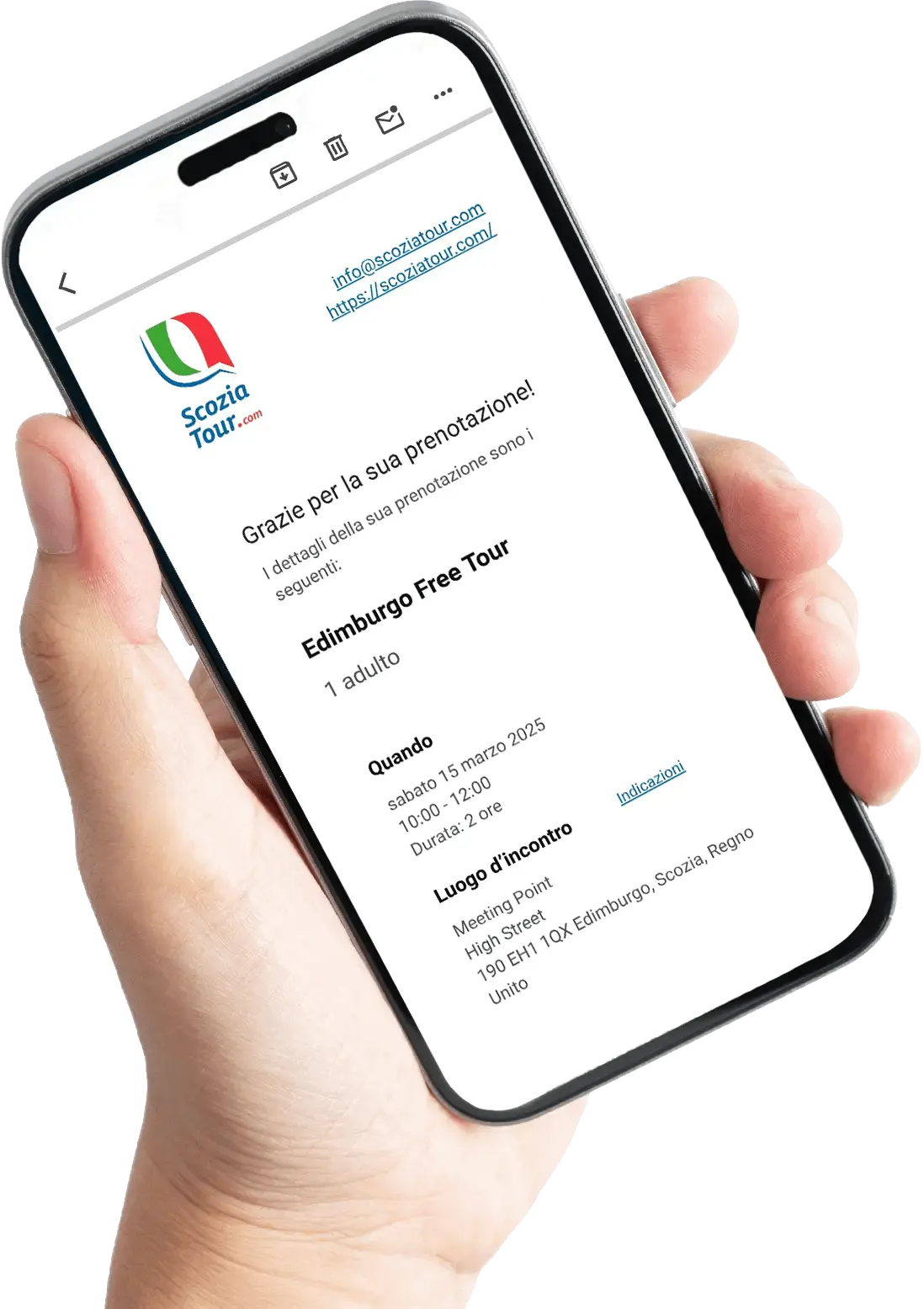 Mano sosteniendo un móvil con una reserva de un tour de Scozia tour